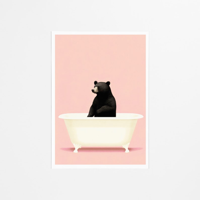 Bear in a Bathtub Pastel Pink, Retro Vintage Art Print, Animal Art, Kids Room Decor, Whimsical Theme, Instant Download image 2