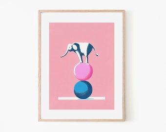 Silly Elephant Balancing Act Retro Poster | Animal Wall Art | Nursery Decor | Cute Animal Print | Kids Room Decor | Gift for Animal Lover