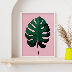 Monstera Retro Poster | Boho Chic Living Room Wall Art | Botanic Leaf Print | Modern Home Decor | Boho Wall Decor | Pink Green Plant Poster