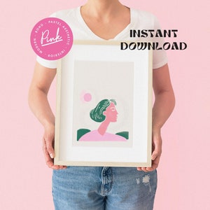 Girl Stamp Woodblock Retro Poster Pink Wall Art Digital Download Woodblock Style Girl Wall Decor Nursery Art Print Kids Wall Art image 6