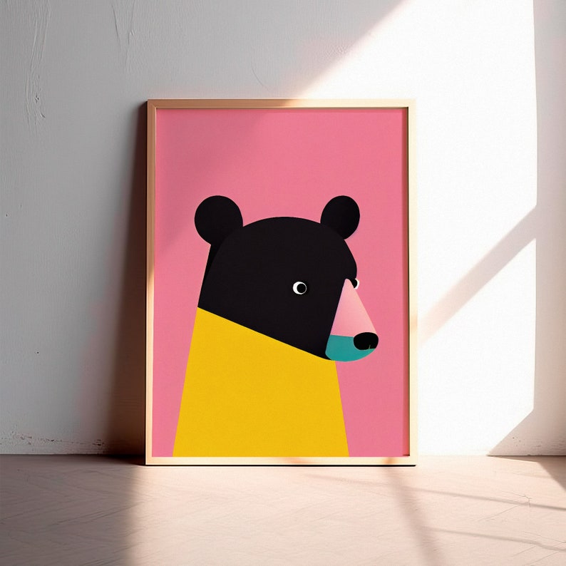 Stampa artistica retrò orso nero / Focus rosa brillante e giallo / Stampa artistica animale / Arte vintage / Decorazione della camera dei bambini / Stampa Pop Art immagine 8