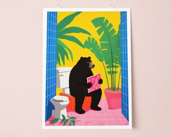 Jungle Bear Toiletry Chronicles, Quirky Pink Bear Bathroom Poster, Humorous Animal Print, Retro Vintage-Inspired, Restroom Decor