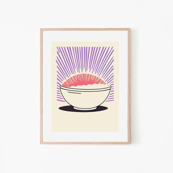 Morning Rice Purple Bowl Retro | Japanese Retro Poster | Kitchen Decor | Vintage Poster | Breakfast Bowl | Foodie Poster