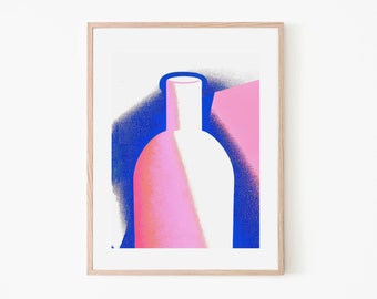 Pink Blue Bottle Risograph Art | Retro Poster | Wall Art Decor | Riso Wall Art | Modern Art | Restaurant Wall Art | Bar Art | Alcohol Poster
