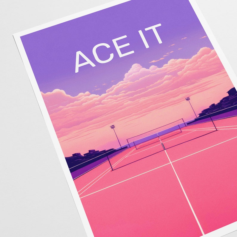 Tennis Court Art Print, ACE IT Evening Glow, Sports Memorabilia, vintage Retro, Wall Decor, Pink Purple Aesthetic, Digital Download image 3