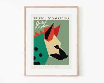 Poster retrò dello zoo di Bristol, audace e colorato, pop art, iena, poster di viaggio nel Regno Unito, arte da parete della fauna selvatica africana, stampa artistica vintage con animali da safari