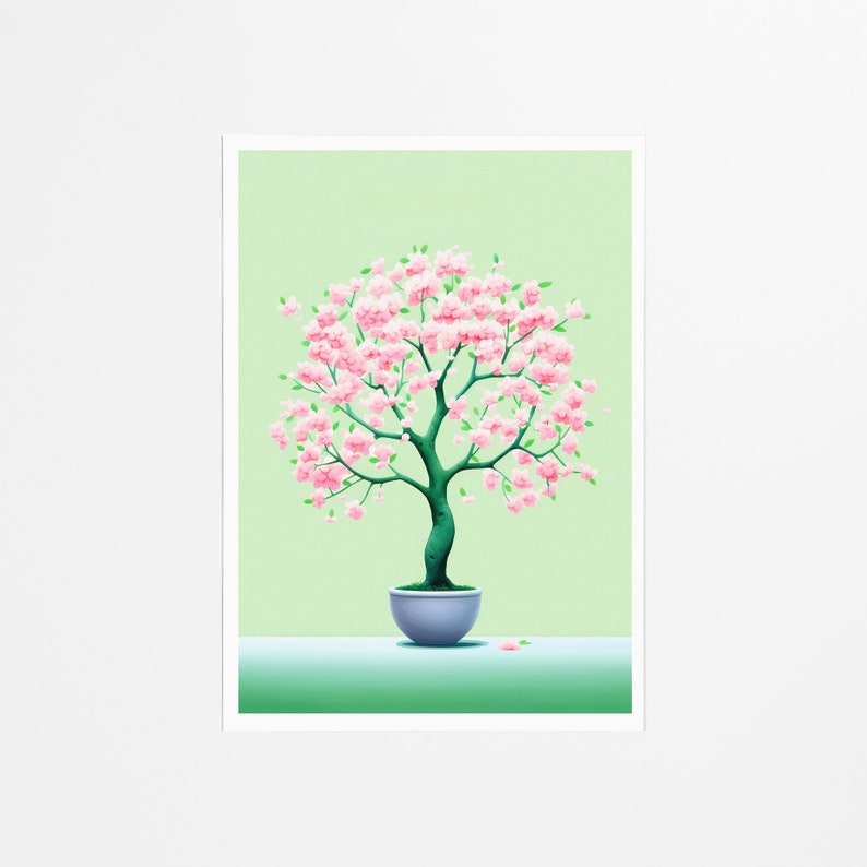 Pastel Green Cherry Blossom Tree Art Print, Transforming Beauty Japanese Landscape, Vintage Inspired Art, Nature Lovers Gift image 2