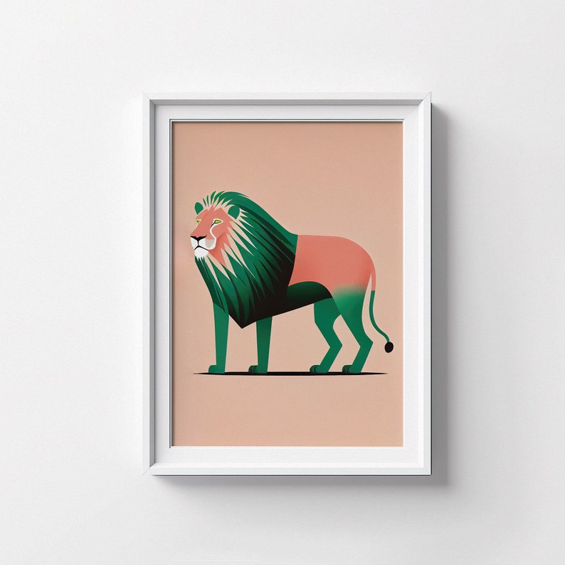 African Lion Minimalistic Design in Pink and Green Animal Art Print Colorful Art Kids Room Decor Minimalist Art Printable image 9