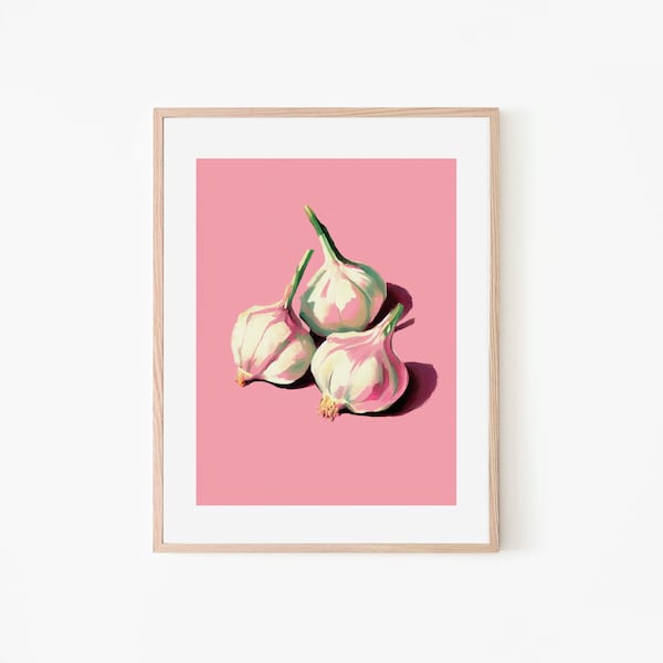 Garlic Pink Minimalist Painting | Piquancy Art | Pastel Colored Kitchen Decor | Vintage Trendy Art Print | Vegetable Foodie Art