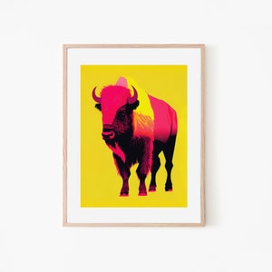 Colorful Bison Pink Art Print | Retro Roam | Safari Wildlife Art | Vintage Trendy Art Print | Zoo Poster | Trendy Animal Art Print