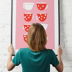 Polka Dot Teacup Red White Kitchen Decor Retro Poster Retro Art Teacup Wall Art Kitchen Decor Red and White Decor Polka Dot Print image 5