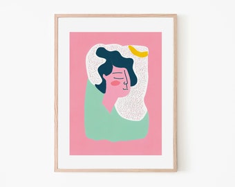 Sleepy Girl Abstract Minimalist Retro Poster | Wall Art | Minimalist Decor | Bedroom Art | Black and White Print | Gift for Her