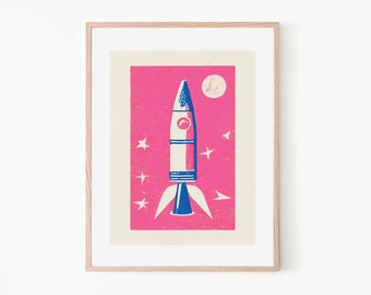The Pink Space Rocket Retro Poster | Adventure Nursery Wall Art | Print Gift for Space Lover | Vintage Rocket Ship | Retro Kids Room