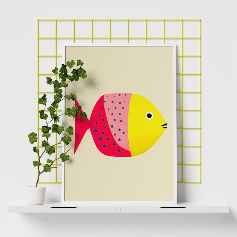 Elegant Pink Fish Bold Retro Art Print Sea Creature Vintage Trendy Art
