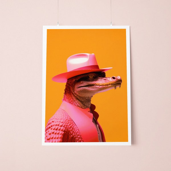 Dandy Croc Poster Wild West Spirit Orange Pink, Retro Vintage Animal Art, Western Decor, Wildlife, Unusual Wall Art, Childrens Room