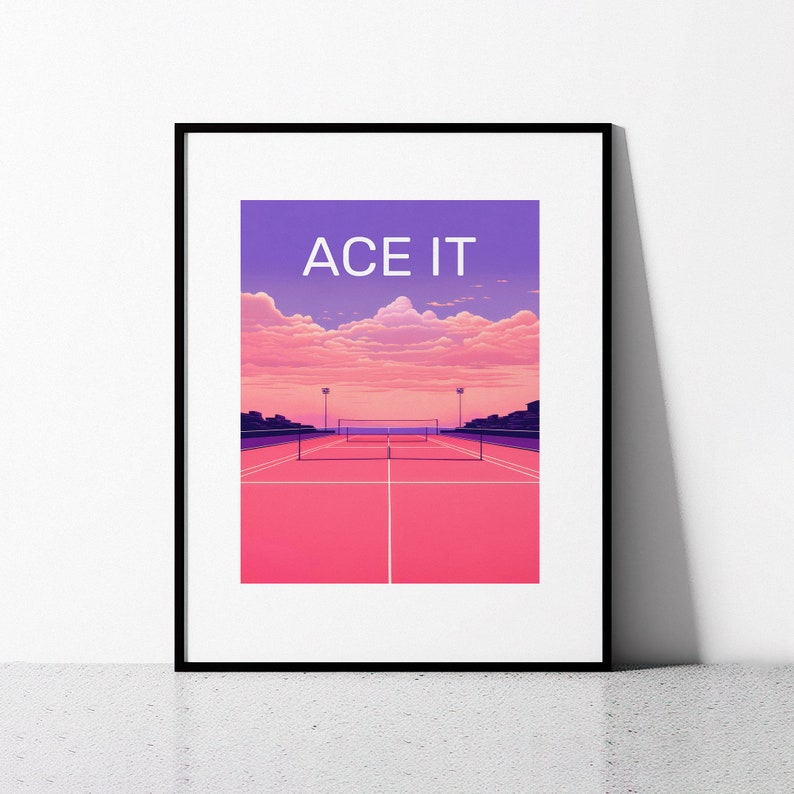 Tennis Court Art Print, ACE IT Evening Glow, Sports Memorabilia, vintage Retro, Wall Decor, Pink Purple Aesthetic, Digital Download image 8