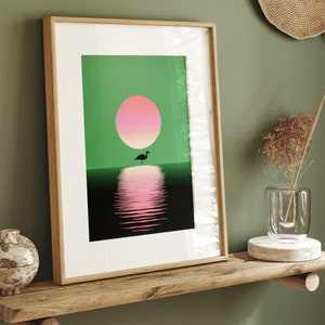 Moonlit Mirage Poster Swan Serenity, Retro Vintage Art Print, Lake Landscape, Night Scene, Nature Peaceful Ambiance, Bedroom Art image 1