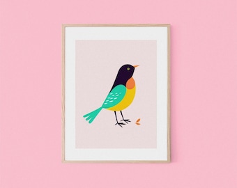 Pink Little Bird Cute Retro | Birds Retro Poster | Kitchen Wall Art | Cute Art Print | Colorful Animal Poster | Nature Poster