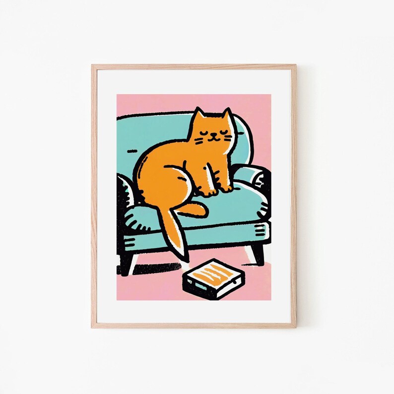 Adorable Tabby Lounging Feline Comfort Retro Poster Cat Lover Gift Vintage Art Tabby Cat Cozy Wall Art Animal Poster Pink Art image 1