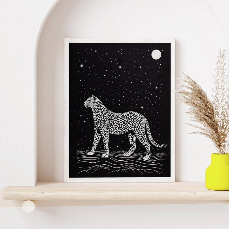 Night Cheetah Art Print, Constellation Design, Black and White Art, Retro Vintage, Wildlife Art, Bedroom Wall Decor, Digital Download image 10