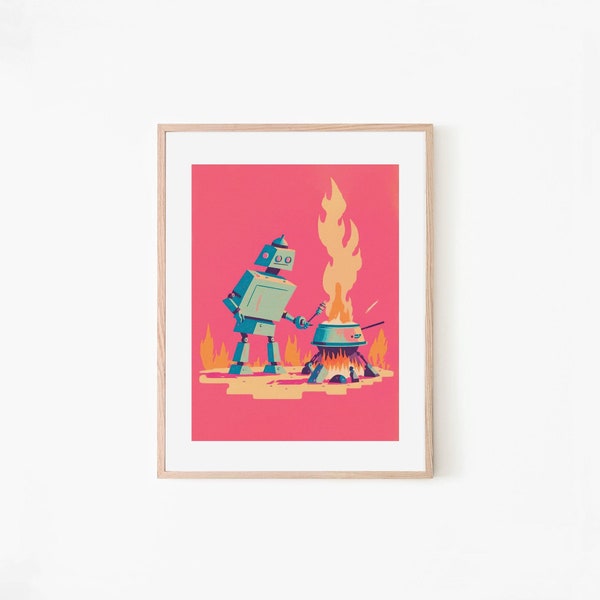 Cave Robot Pink Retro Poster | Pastel Art | Wall Art | Robot Poster | Geek Decor Gift | Cute Robot Gift | Boys Room Decor Pink Poster