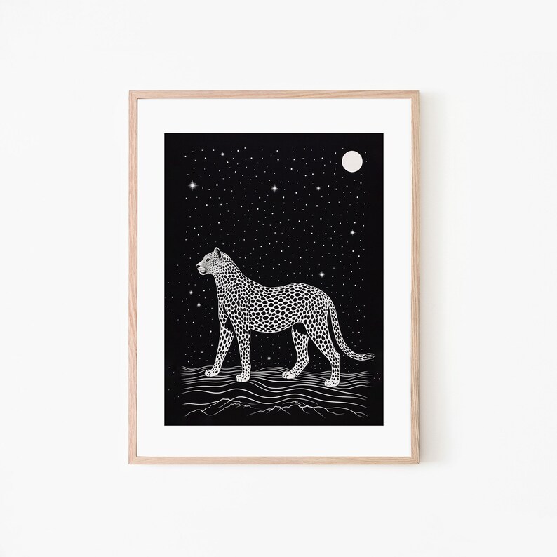 Night Cheetah Art Print, Constellation Design, Black and White Art, Retro Vintage, Wildlife Art, Bedroom Wall Decor, Digital Download image 5