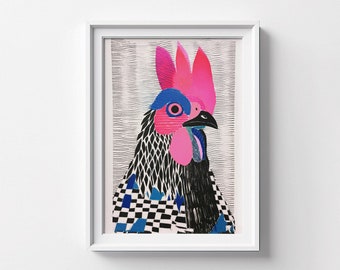 Rooster Poster Pink Edgy Elegance Prep Punk, Farmhouse Chic Art, Wall Display, Kitchen Artwork, Retro Vintage Farm Animal Theme