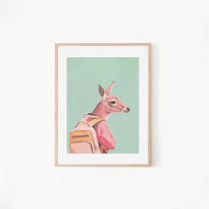 School Boy Kangaroo Retro Poster Pastel Art Australian Wall Art Nursery Decor Turquoise Animals Art Print Pink image 2