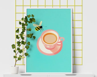 Bee-utiful Teacup | Trendy Wall Art | Perfect for Tea Lovers | Trendy Kitchen & Dining Room Decor | Turquoise Room | Bee Lover Art Print