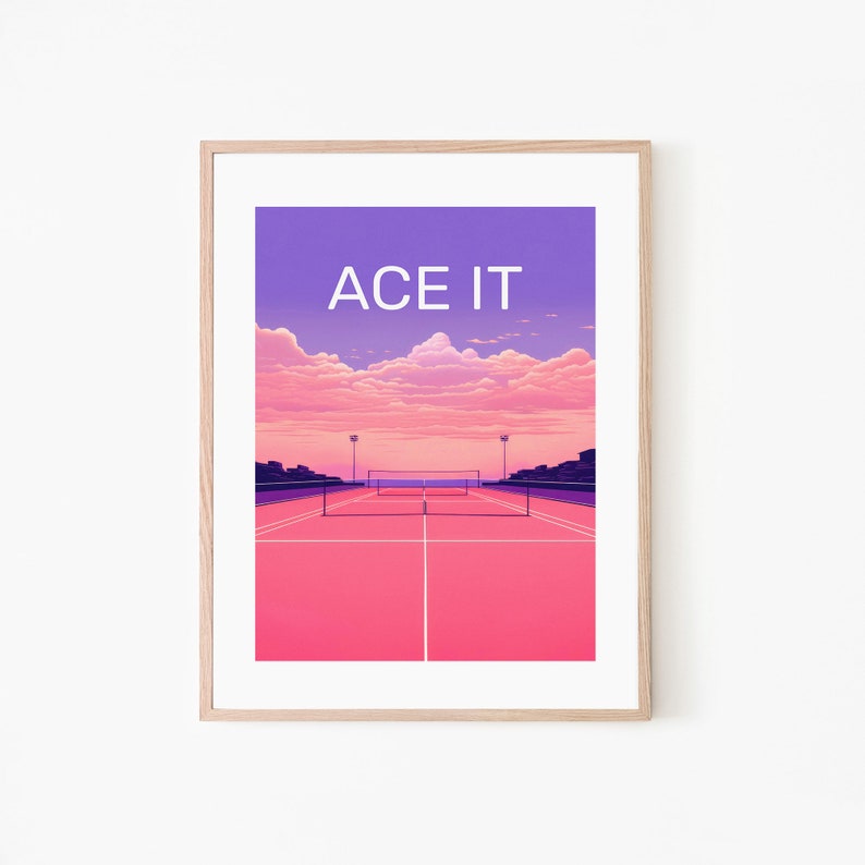 Tennis Court Art Print, ACE IT Evening Glow, Sports Memorabilia, vintage Retro, Wall Decor, Pink Purple Aesthetic, Digital Download image 5