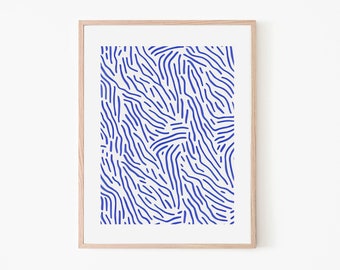 Blue Tiger Skin Minimalistic Lines Retro Poster | Blue Wall Art Print | Preppy Wall Art | Blue Modern Poster