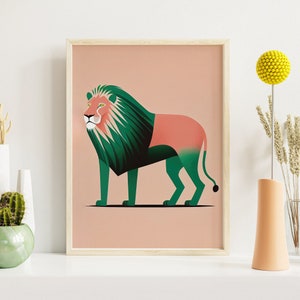 Leone africano / Design minimalista in rosa e verde / Stampa artistica animale / Arte colorata / Arredamento camera bambini / Arte minimalista / Stampabile immagine 10