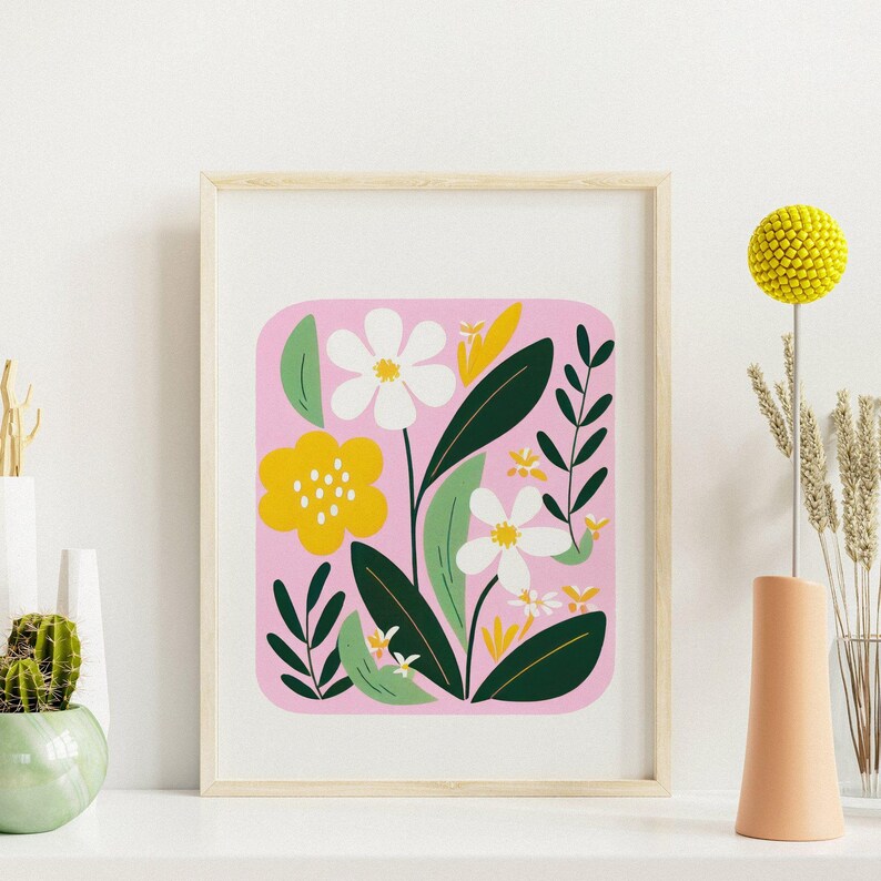 Pink Flower Kitchen Art Botanical Retro Poster Plants Wall Art Print Decorative Art Boho Poster Green Kitchen Print Nature Art image 3