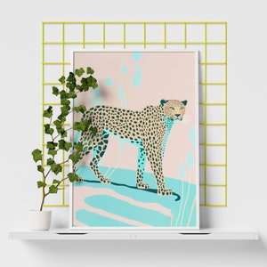 Pink Jungle Leopard Retro Poster | Pastel Art | Wall Art Print | Boho Wall Decor | Nursery Decor | Pink Leopard | Trendy Tropical Poster