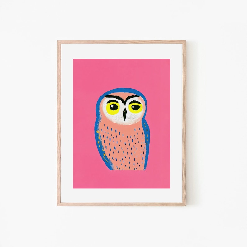 Affiche rétro d'oiseau artistique vintage de hibou rose art vintage Art mural oiseau Décor rose Cadeau d'amoureux des animaux image 1