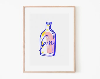 Gin Bottle Modern Blue Abstract Drawing Retro Poster Wall Art | Gin Bottle Art | Gin Lover | Gin Poster | Drink Gin | Alcohol Art