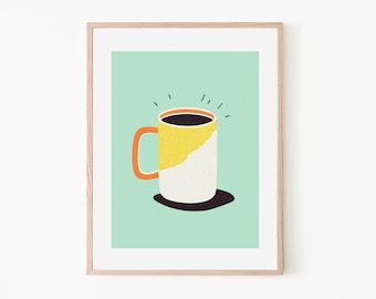 Retro Morgen Tag Kaffeetasse | Cafe Retro Poster | Restaurant Wandkunst | Kaffee Dekor | Trendige Wandkunst | Nordischer Kunstdruck | Türkis Sunny