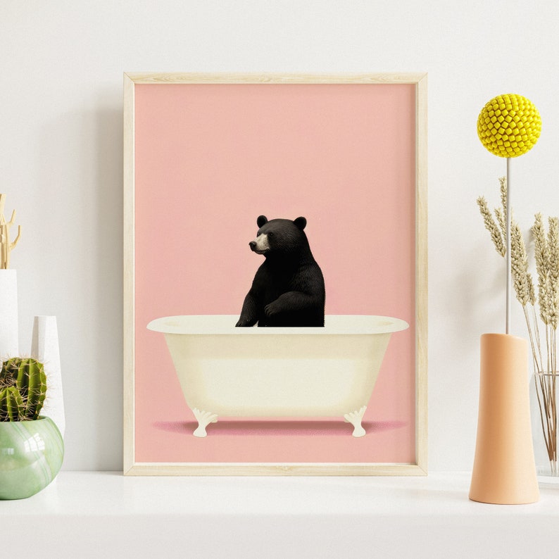 Bear in a Bathtub Pastel Pink, Retro Vintage Art Print, Animal Art, Kids Room Decor, Whimsical Theme, Instant Download image 9