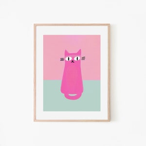Pink Cat Turquoise Room Abstract Retro Poster | Abstract Cat Wall Art | Minimalist Animal Art | Colorful Wall Decor | Boho Chic Print