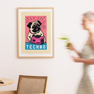 Techno Retro Pug Art Print Black and White Dog Print Techno Music Wall Decor Dog Lover Gift Rave Pug Dog Lover Retro Art Print image 6