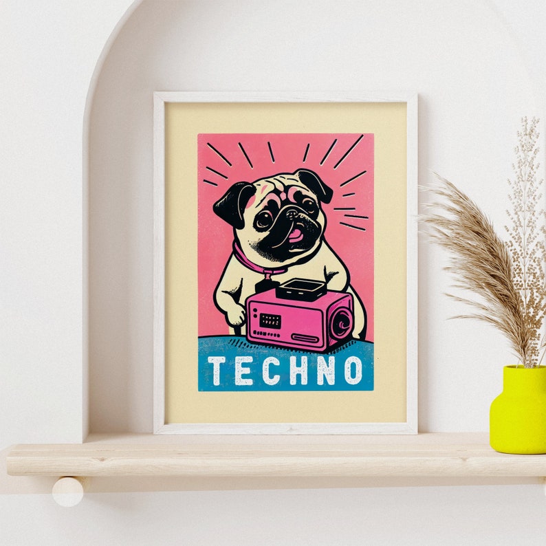 Techno Retro Pug Art Print Black and White Dog Print Techno Music Wall Decor Dog Lover Gift Rave Pug Dog Lover Retro Art Print image 3