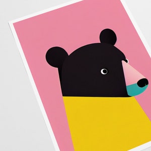 Stampa artistica retrò orso nero / Focus rosa brillante e giallo / Stampa artistica animale / Arte vintage / Decorazione della camera dei bambini / Stampa Pop Art immagine 3
