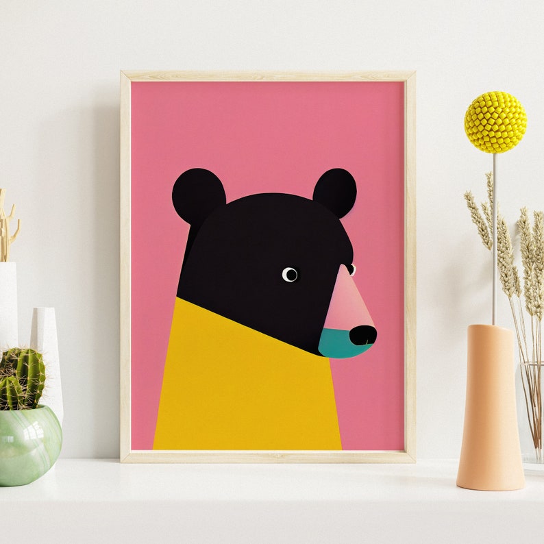 Stampa artistica retrò orso nero / Focus rosa brillante e giallo / Stampa artistica animale / Arte vintage / Decorazione della camera dei bambini / Stampa Pop Art immagine 1