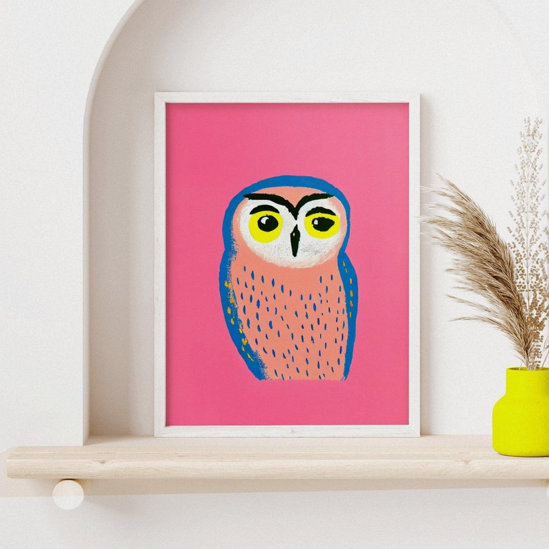 Affiche rétro d'oiseau artistique vintage de hibou rose art vintage Art mural oiseau Décor rose Cadeau d'amoureux des animaux image 8