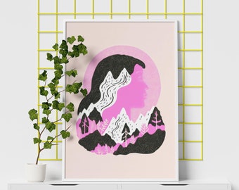 Cartel rosa retro de la mente de la naturaleza / arte de la pared rosa / cartel del bosque / decoración de la pared de la impresión del lienzo / regalo de arte de la pared terrosa para ella / cartel minimalista
