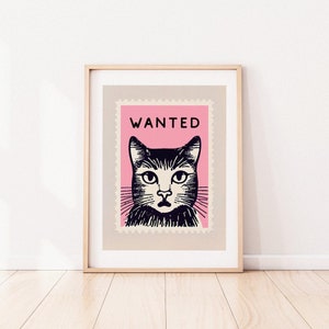 Vintage Pink Cat Wanted Stamp Retro Poster Pink Wall Art Gift for Cat Lovers Boho Vintage Decor Vintage Art image 8