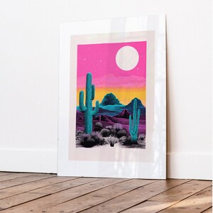 Riso Cactus Art Print, Psychedelic Sunset, Vintage Art, Retro Wall Hanging, Bohemian Living Room, Desert Theme, Digital Download image 7