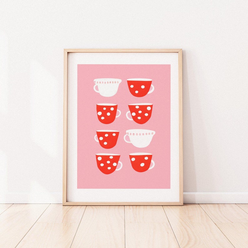 Polka Dot Teacup Red White Kitchen Decor Retro Poster Retro Art Teacup Wall Art Kitchen Decor Red and White Decor Polka Dot Print image 10