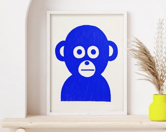 Impresión de arte de mono de tinta / Expresión monocromática minimalista / Impresión de arte animal / Arte boho chic azul / Decoración de la habitación para niños / Imprimible minimalista