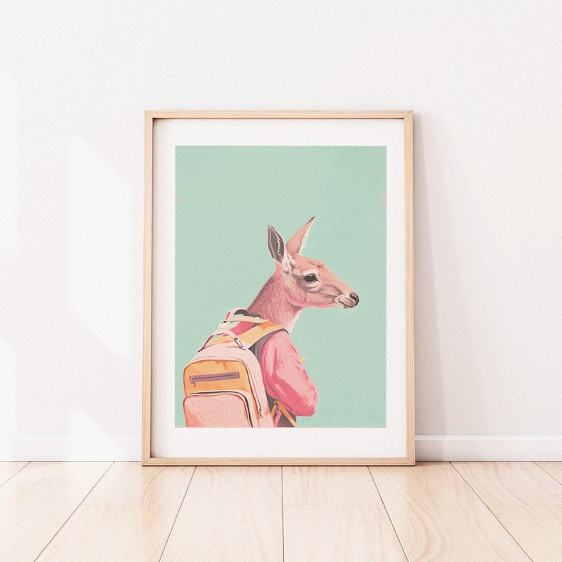 School Boy Kangaroo Retro Poster Pastel Art Australian Wall Art Nursery Decor Turquoise Animals Art Print Pink image 1